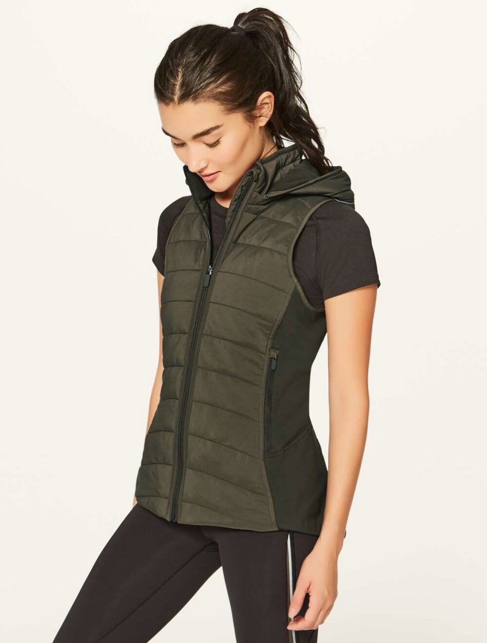 Lululemon Extra Mile Vest Hooded Zip Dark Olive Green Puffer Running